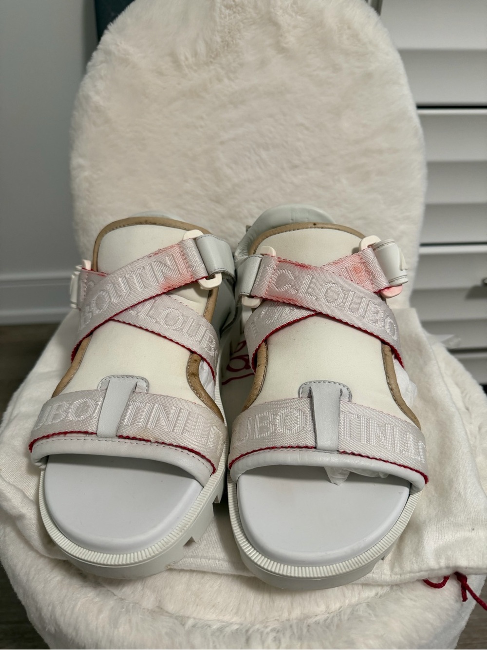 Christian Louboutin White and Pale Pink Logo Strap Sporty Sandals